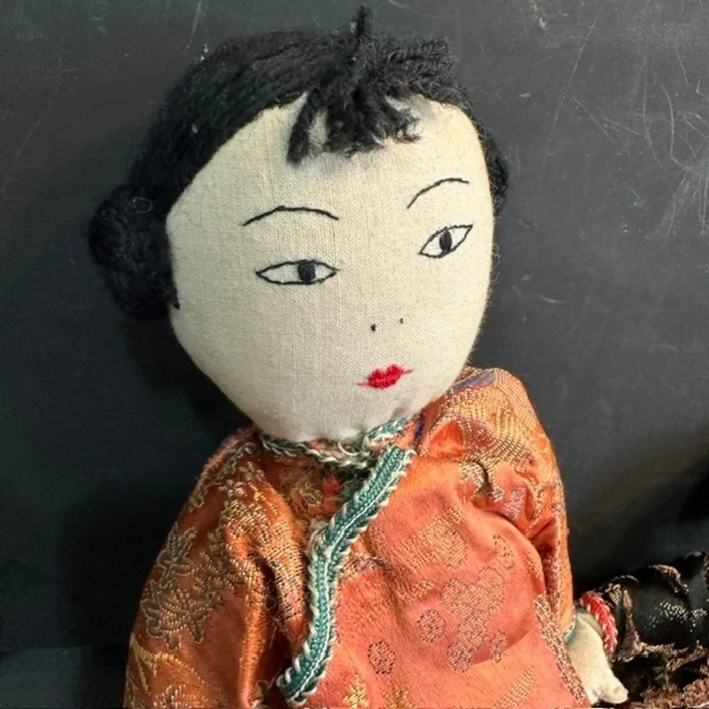 Vintage Chinese Cloth Dolls Set of 2 Orange Black Silk Brocade Folk Art 12in